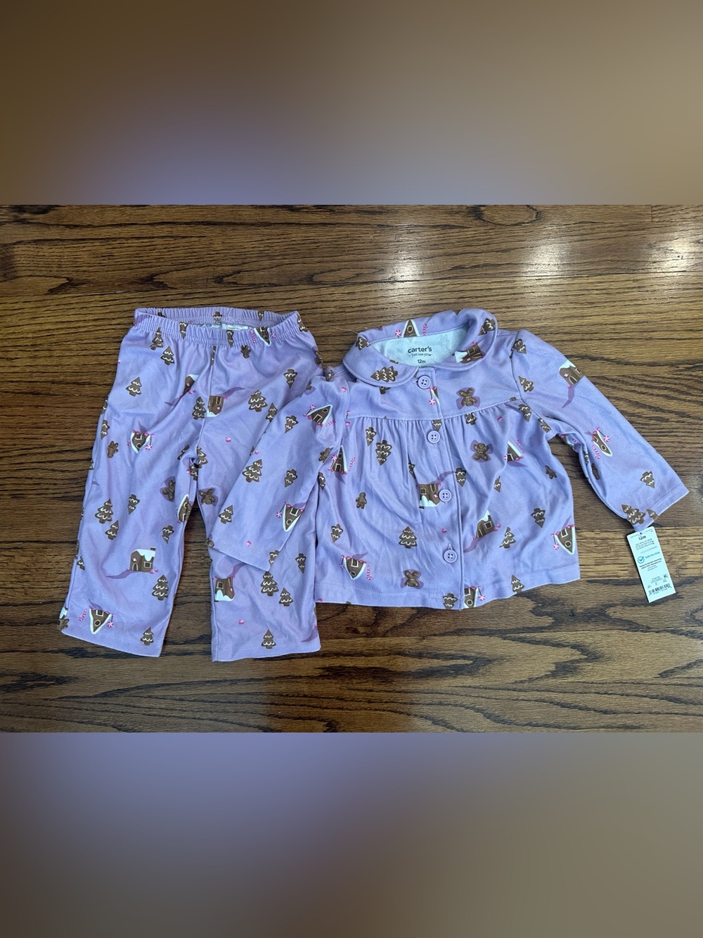 NWT Carter's Toddler Girls' 2pc Purple Christmas Pajamas Gingerbread Print - 12M